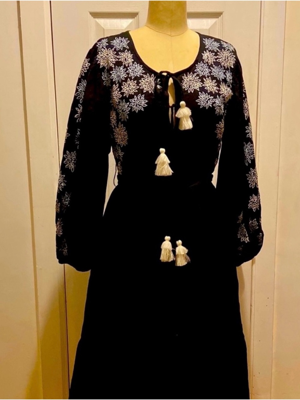 Karina Grimaldi Black Maxi Dress with White Embroidery and Tassels bolero sle